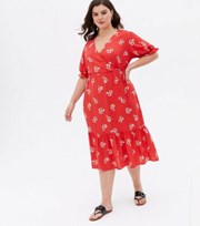 New Look Curves Red Floral Tiered Midi Wrap Dress